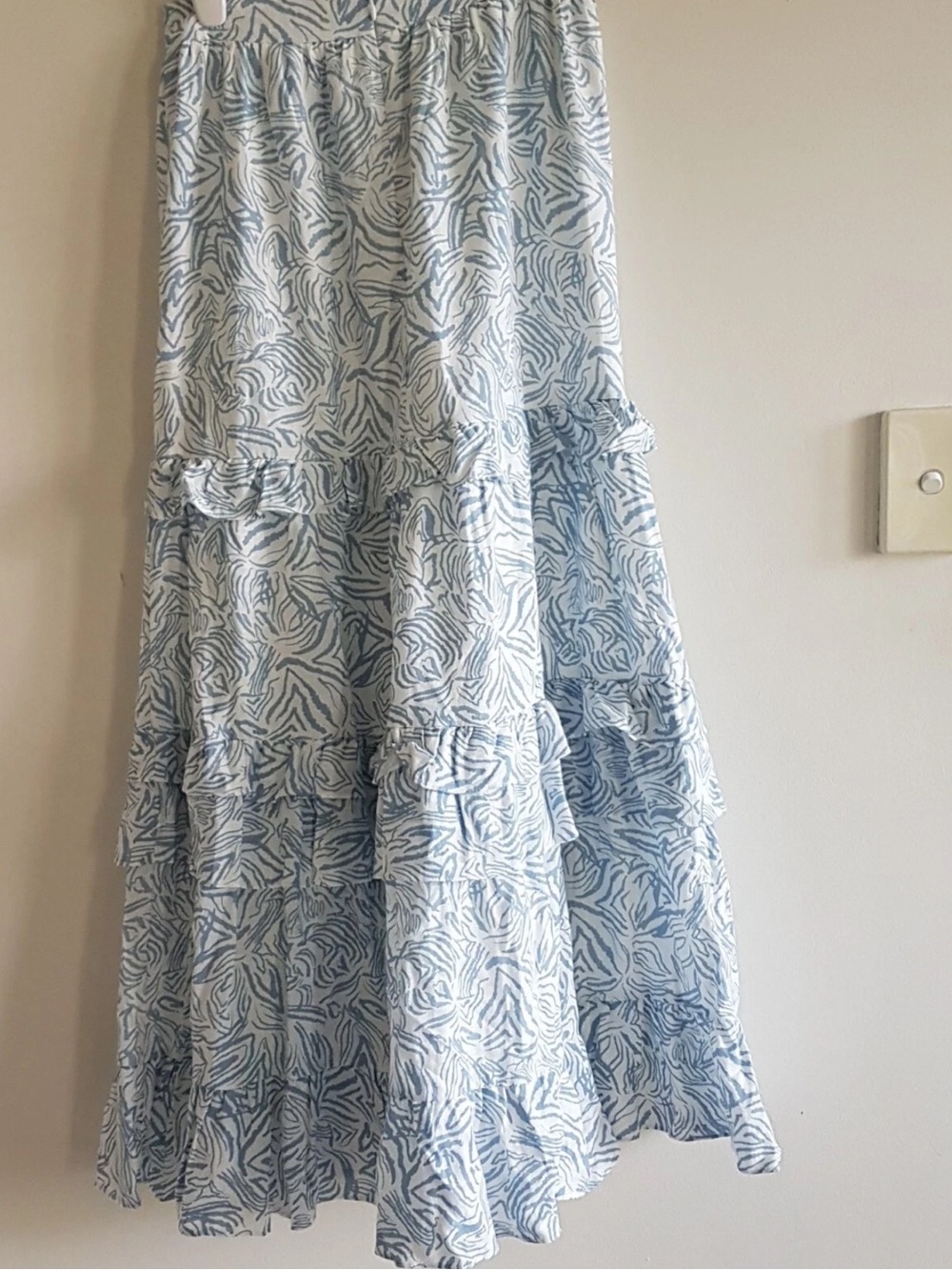Girl and the Sun Maxi Tiered/ Layered Boho Skirt in Blue/White large